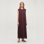 COS  burgundy dress midi maxi long volume pleated cotton jersey cap sleeve wine Photo 3