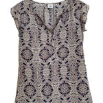 CAbi Women's Cream Blue Damask Flutter Short Sleeve Blouse Small #3074 Photo 0