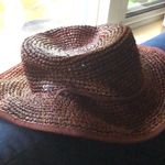 ONIA NWT Raffia Boat Hat Straw Rope Drawstring Tie Under Chin Paprika Purple Red Photo 0