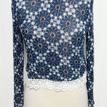 Divided  Women's Argyle Diamond‎ Lace Trim Long Sleeve Crop Top Blue White XS Photo 0