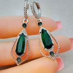 925 Silver Plated Luxury Emerald Dangle Drop Earrings for Women Photo 1