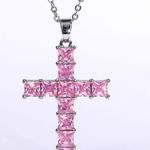 Silver & Pink Cross Necklace CZ Cubic Zircon Diamond Pendant,Jesus, Church,Bling Photo 2