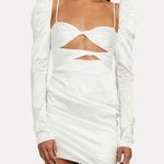 the bar white silk twist front puff sleeve crystal long sleeve ruched mini dress Size 0 Photo 0