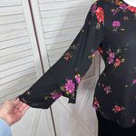 Worthington  Floral Tiered Ruffle Bell Sleeve Blouse Black Pink‎ Large Photo 5