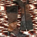 Liz Claiborne 90s Patchwork Color block Brown black leather knee-high square toe boots kitten heels zipper closure #retro #groovy #vintage #hippie #indie boho western Photo 0