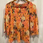 Peach floral boho crinkle flowy ruffle collar top v Photo 0