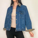 Vintage AGAPO Leopard Collar Denim Jacket with velvety Patchwork back Blue Size 1X Photo 0