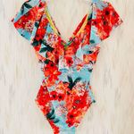 Relleciga Women's Blue Floral lounce Ruffle Criss Cross One Piece Swimsuit Sz. M Photo 4