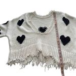 Wildfox Heart Sweater Sz Small White Black V Neck Oversized Fringe Raw Hem Knit Photo 12