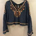 Free People  bell sleeve crop top size XS embroidered paisley pattern navy blue Photo 1
