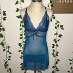 Blue Mesh Lace Trimmed Lingerie Robe and Slip Dress Set Photo 2