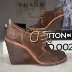 Frye New Caroline Brown Suede Wedge Lace Up Booties Women 6 Leather Platform Photo 0