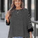 Casual Loose Fit Striped Batwing Oversized Shirt White Photo 2