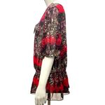 AGB XL Sheer Lace Tunic Red Black Snake Tie Neck Blouse Romantic Abstract Print Photo 3