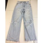 ZARA  Women's Light Wash Distressed Ripped Knee Wide‎ Leg Cropped Jeans Photo 4