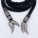 Vintage Black Rope Belt Silver Angel Wing Charm Tassels 69" Fairy Grunge Gothic Photo 2