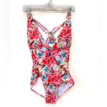 One Piece Swimsuit Floral Print Bathing Suit Deep V Neck Front & Back Ring Pink Size 8 Photo 3