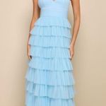Lulus  Radiant Event Light Blue Mesh Tiered Backless Maxi Dress Photo 0