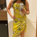 Mable Asymmetrical Yellow Floral Midi Dress Cinch Slit Cowl Neck Tropical Small Photo 3