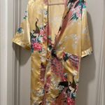 American Vintage VTG 80s 90s Cream Champagne & Pink Peacock Floral Print Kimono Robe Bathrobe - M Photo 2