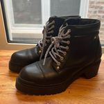 Catherine Malandrino Punk Goth Black High Platform Heel Boots with Striped Laces and Zipper on Side Photo 1