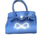 Save My Bag Navy Blue Handbag Faux Pearl Bow Embellishment Tote Bag Photo 4