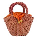 Handmade Handwoven Straw Raffia Rattan Orange Button Accent Circle Top Handle Tote Bag Photo 9