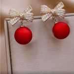 Red and Gold Bow Ornament Earrings Photo 2