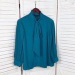 New‎ York & Company Pleated Puff Sleeve Pussybow Tie Neck Blouse Teal Medium Blue Photo 6