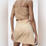 ZARA  pinstriped tan draped zipper mini skirt with bow Photo 2