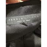 PAMELA MILANO Italian Black Satin Midi Dress IT 50 (XL) Green Cuff Dolman Sleeve Photo 6