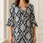 Aryeh  Dress Women Medium Navy Blue Ivory Damask Bell Sleeve Tunic Mini Boho‎ Photo 0