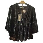 Wulful Black Sequin Top V Neck Flared Sleeve Party Blouse Size M Photo 0