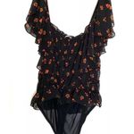 Free People 🖤  Black Floral Print Julie Ruched Square Neck Thong Bodysuit Medium Photo 7