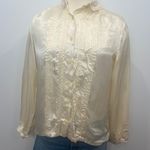 Vintage 70s Prairie Button Up Front Pleated Floral Collar Satin Long Sleeve Top Tan Size 10 Photo 1