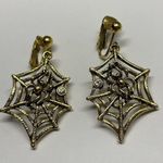 Gold Tone Rhinestone Spider Web Dangle Drop Clip On Earrings Halloween Photo 5
