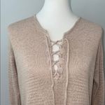 Loft  Lace Up V-Neck Beige Knit Long Sleeve Sweater Women's Small Photo 3