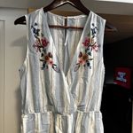 Blu Pepper  Romper V-Neck Blue Stripe Sz L Floral Embroidered Sleeveless Photo 1