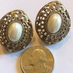 Vintage Brass/ Darker Gold Tone Filigree Faux Pearl Pierced Earrings Photo 5