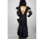 Vintage Demetrios Black Beaded Evening Gown with Dramatic Bow gloves M Photo 1