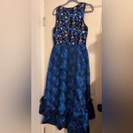 Badgley Mischka  Belle Blue Tapestry Jacquard Gown Dress Blue Retro High Low Photo 3