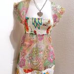 2000s Y2K Ethereal stunning colorful boho fairy hippie kidcore babydoll shirred elastic bust top blouse floral white pink multicolored Size M Photo 1