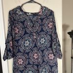 Wishful park  Womens Blouse Roll Tab Sleeve Tunic V-Neck Navy Blue Peach Sz L Photo 1