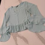 ASOS  Elegant Long Ruffle Sleeve V-Neck Blouse Womens 4 Light Minty Blue Romantic Photo 1