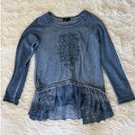 Earl‎ Jeans Womens Blue Owl Embellished Lace Hem Long Sleeve Top Small Photo 0