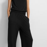 Theory  Black Sleeveless Wide Leg Jumpsuit Elastic Waist Pockets Size L Photo 0