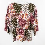 Andrée Andree Pink Green Floral Surplice V-Neck 3/4 Sleeve Peplum Hem Boho Top Medium Photo 1