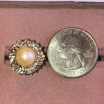 Size 8 18K HGE Gold Plated Faux Pearl CZ Rhinestone Vintage Statement Ring Photo 2