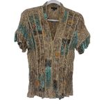 Y2K Piano Patchwork Snap Top Sz M Boho Festival Crinkle Artsy Satin Chiffon Tan Size M Photo 0