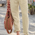 Sundance  Organia Linen Cotton Crochet Lace Roll Tab Pants Sand Size 12 Photo 0